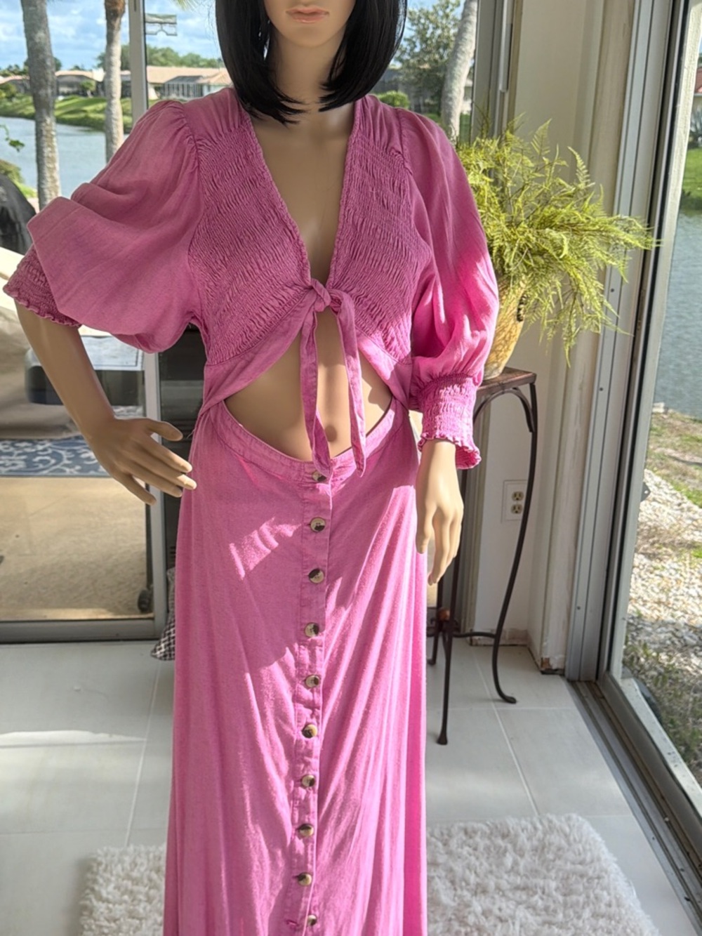 Free People Pink Button-Front Midi Dress with Tie Front